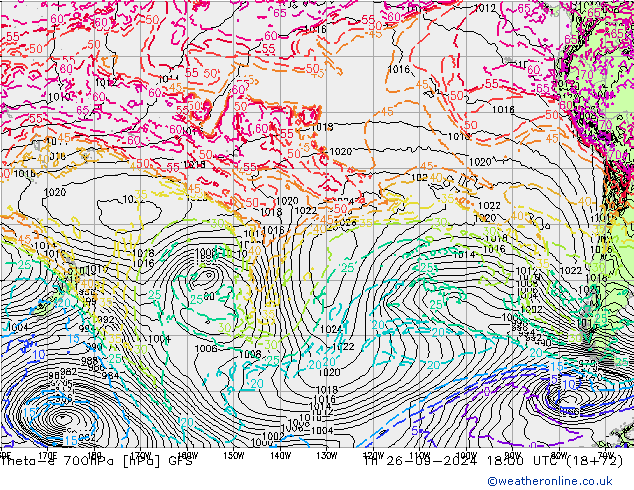 Theta-e 700hPa GFS czw. 26.09.2024 18 UTC