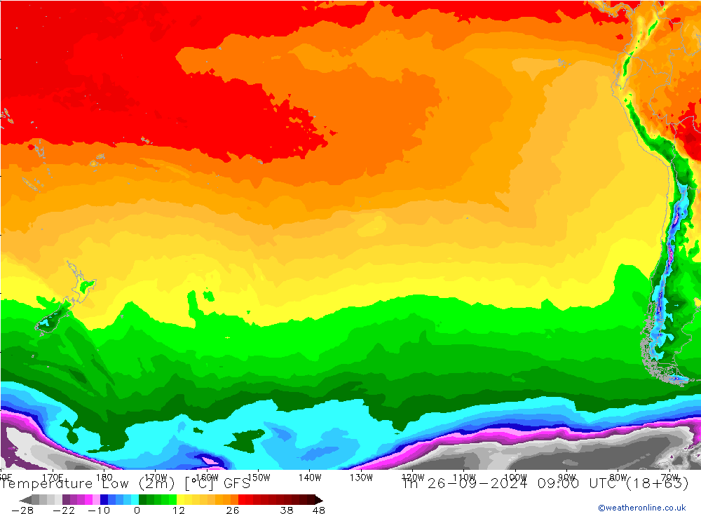 Nejnižší teplota (2m) GFS Čt 26.09.2024 09 UTC