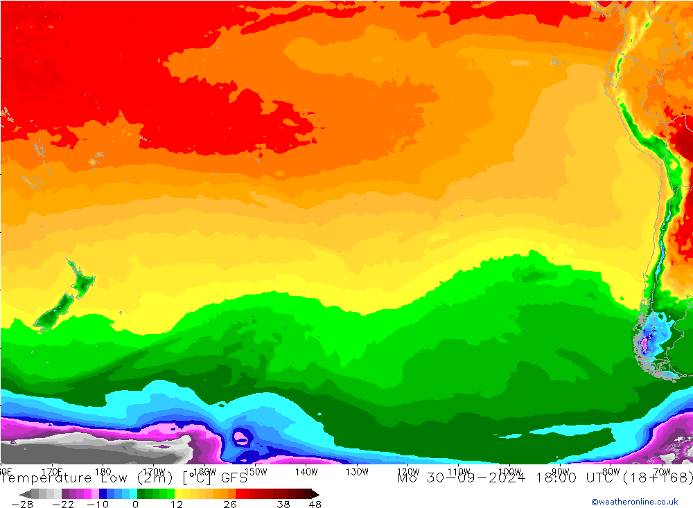 Min. Temperatura (2m) GFS pon. 30.09.2024 18 UTC