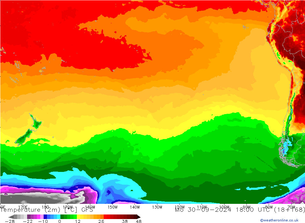 Temperatuurkaart (2m) GFS ma 30.09.2024 18 UTC