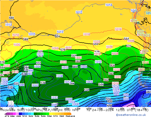 Thck 500-1000hPa GFS wto. 24.09.2024 12 UTC