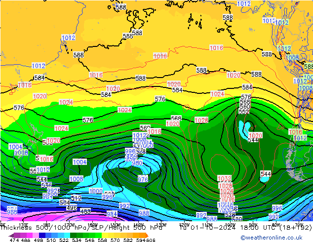 Thck 500-1000hPa GFS wto. 01.10.2024 18 UTC