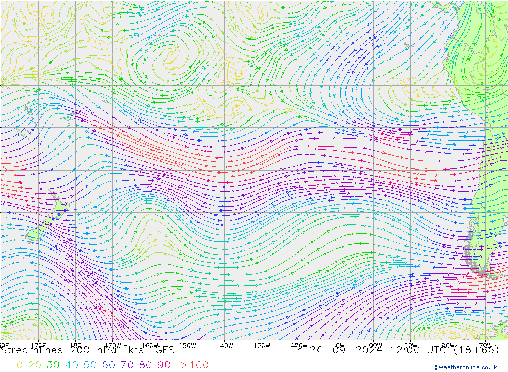 Linia prądu 200 hPa GFS czw. 26.09.2024 12 UTC