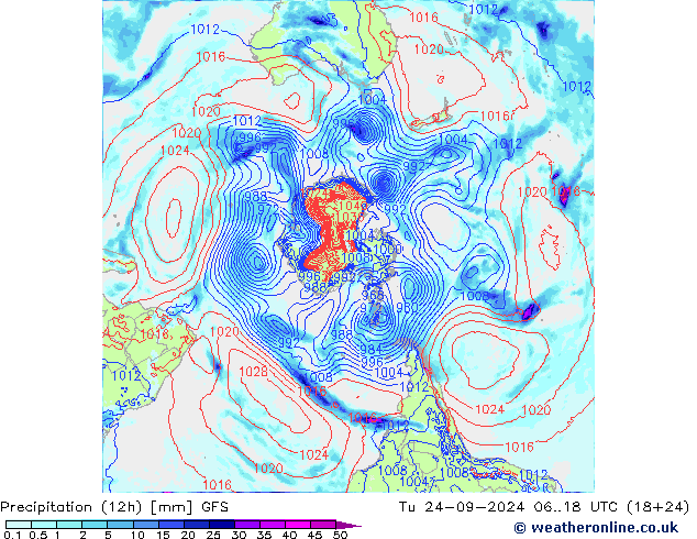 Precipitation (12h) GFS Tu 24.09.2024 18 UTC