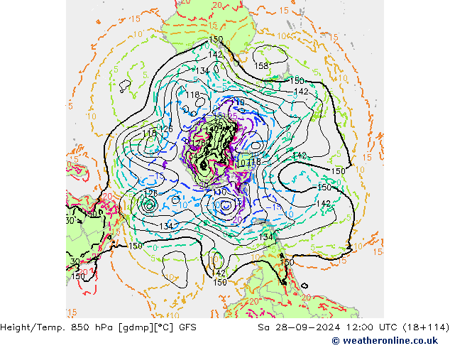 Height/Temp. 850 hPa GFS Sa 28.09.2024 12 UTC