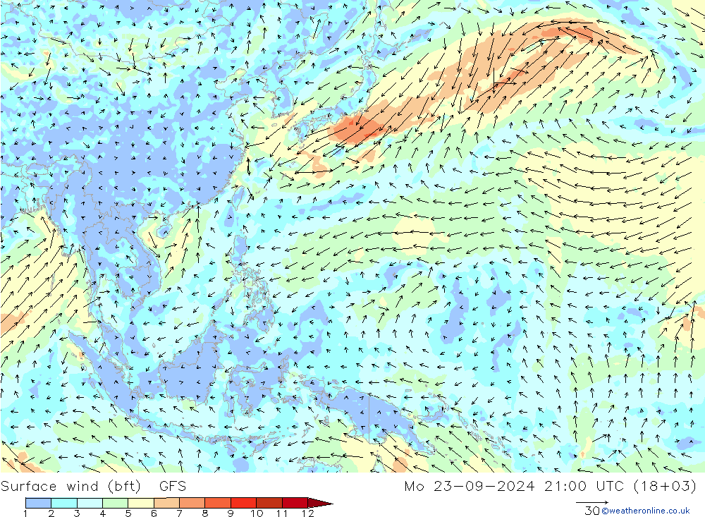 Surface wind (bft) GFS Mo 23.09.2024 21 UTC