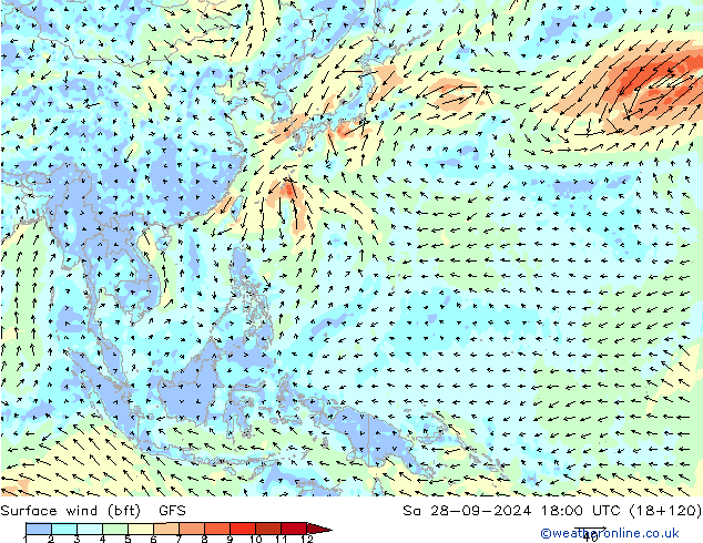 wiatr 10 m (bft) GFS so. 28.09.2024 18 UTC