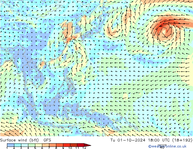 Wind 10 m (bft) GFS di 01.10.2024 18 UTC