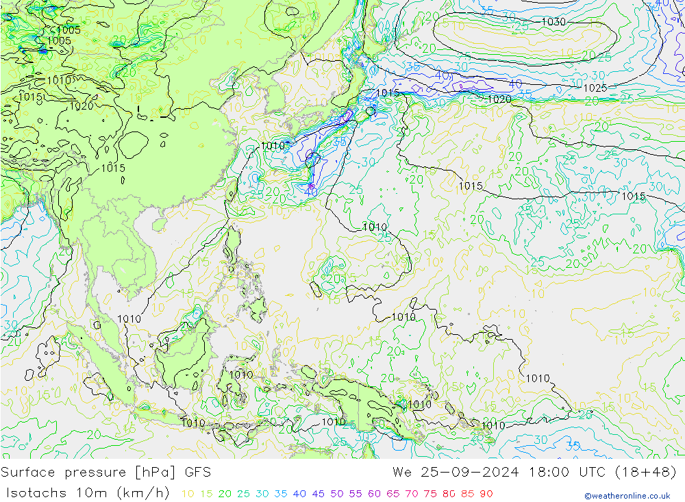 Isotachs (kph) GFS We 25.09.2024 18 UTC