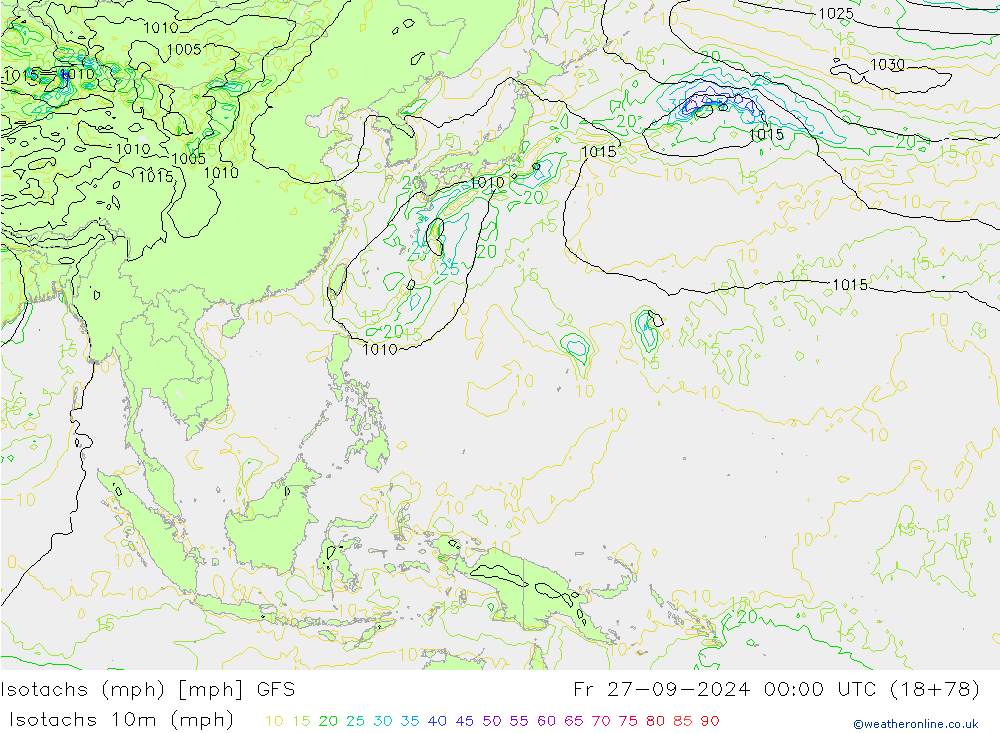 Eşrüzgar Hızları mph GFS Cu 27.09.2024 00 UTC