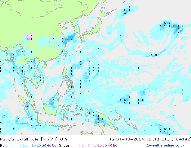 Rain/Snowfall rate GFS Tu 01.10.2024 18 UTC