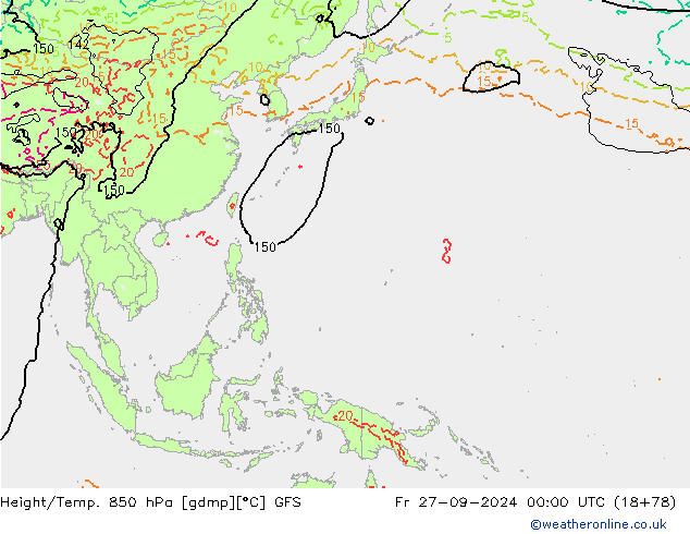 Géop./Temp. 850 hPa GFS ven 27.09.2024 00 UTC