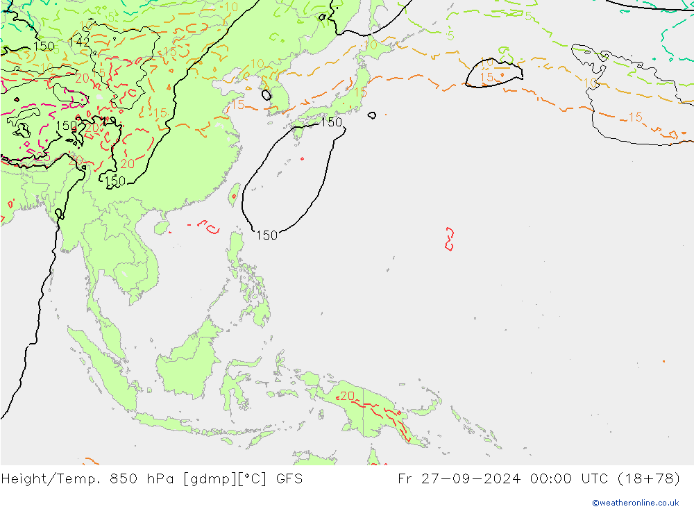 Géop./Temp. 850 hPa GFS ven 27.09.2024 00 UTC