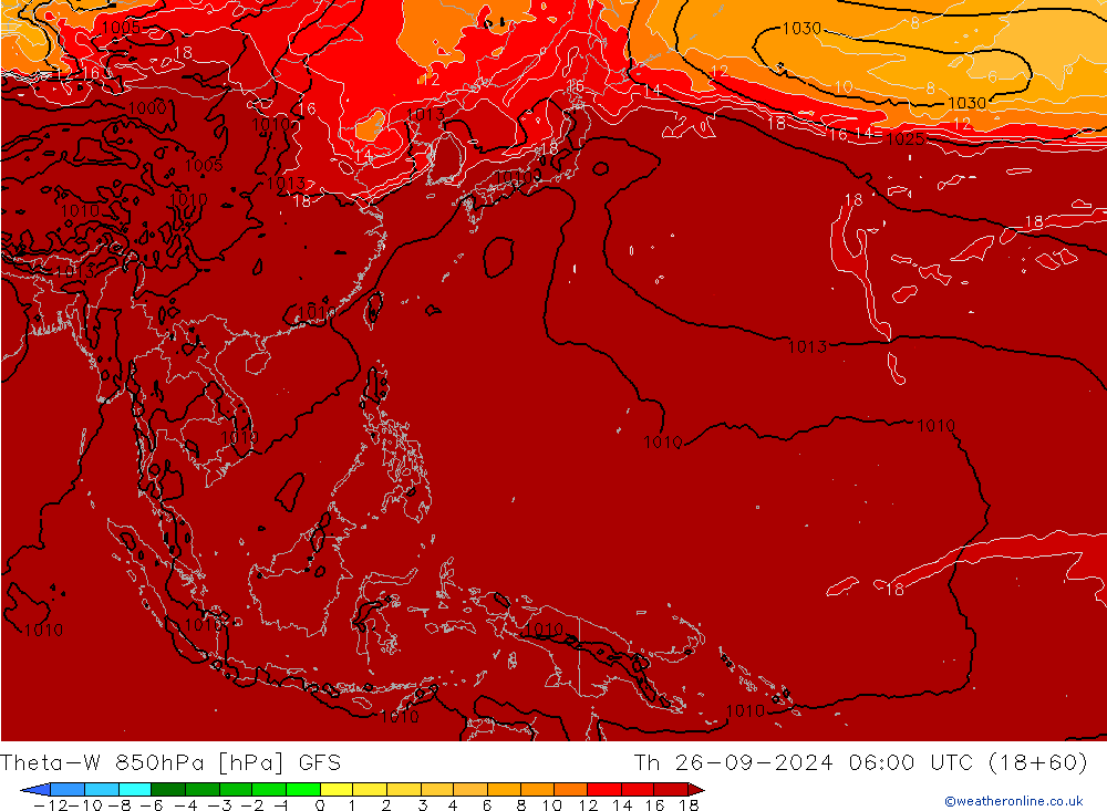 Theta-W 850hPa GFS czw. 26.09.2024 06 UTC