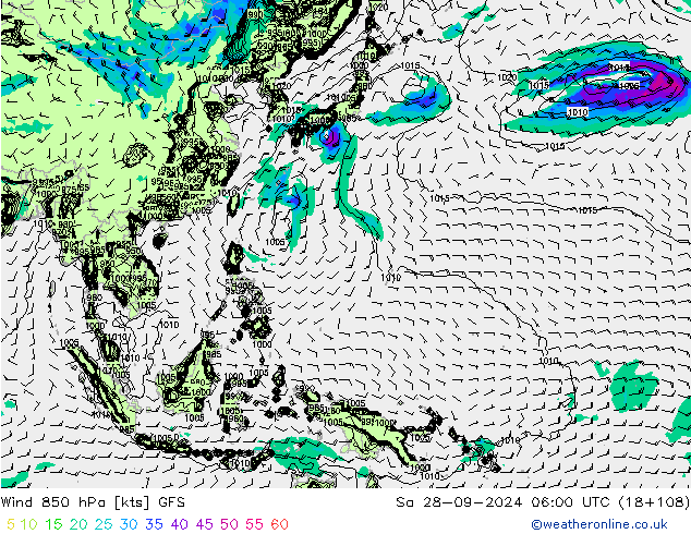 Vento 850 hPa GFS sab 28.09.2024 06 UTC