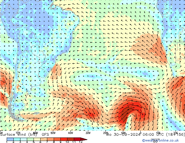 Vent 10 m (bft) GFS lun 30.09.2024 06 UTC