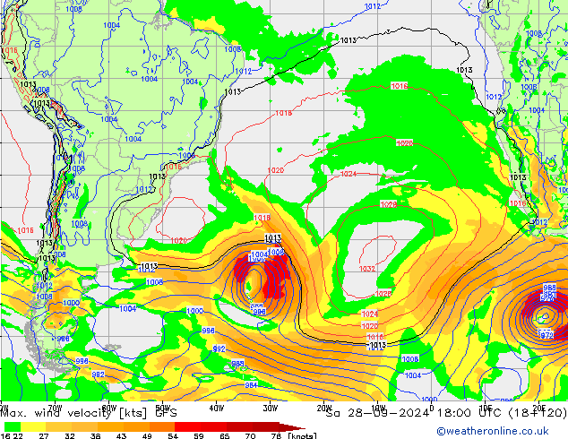 Max. wind snelheid GFS za 28.09.2024 18 UTC