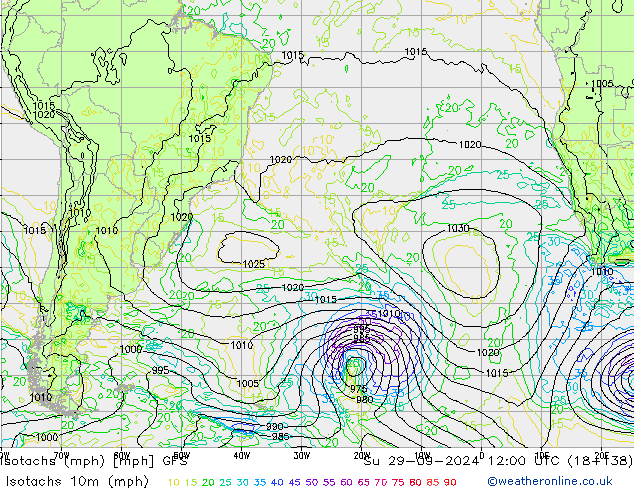 Isotaca (mph) GFS dom 29.09.2024 12 UTC