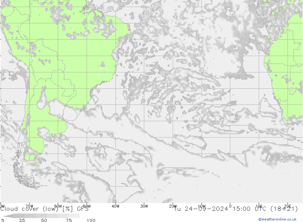 Cloud cover (low) GFS Tu 24.09.2024 15 UTC