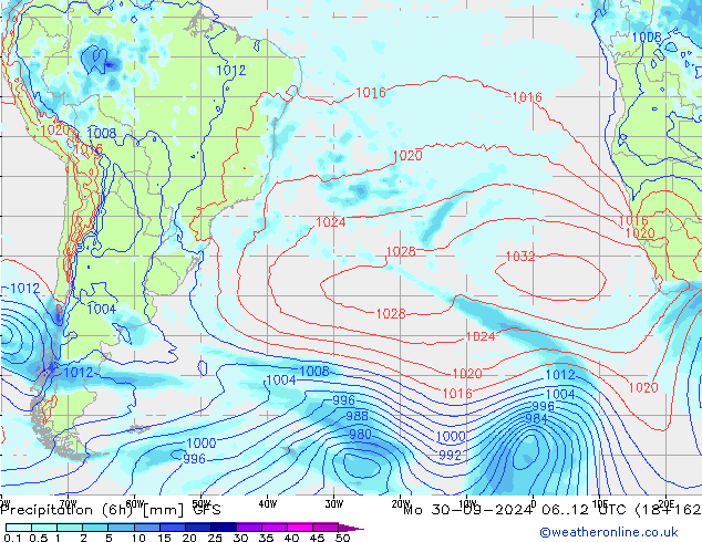 Precipitation (6h) GFS Po 30.09.2024 12 UTC