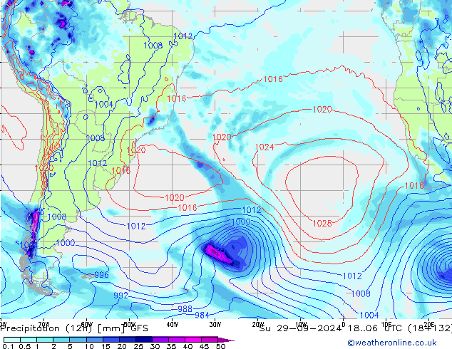 Totale neerslag (12h) GFS zo 29.09.2024 06 UTC