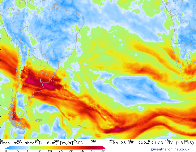 Deep layer shear (0-6km) GFS pon. 23.09.2024 21 UTC