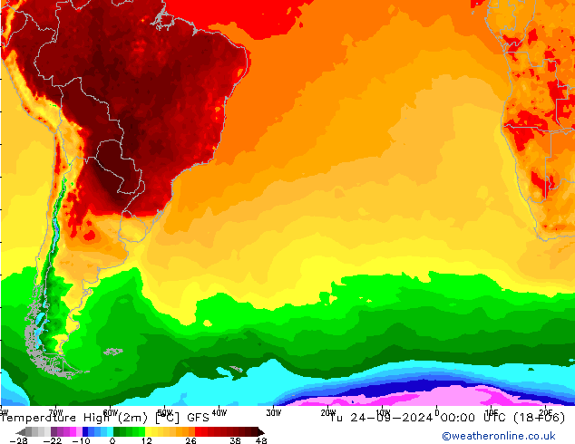 température 2m max GFS mar 24.09.2024 00 UTC