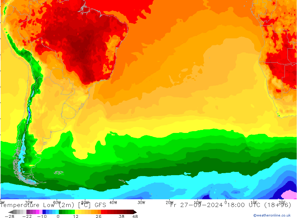 Temperature Low (2m) GFS Fr 27.09.2024 18 UTC