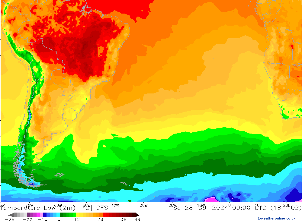Nejnižší teplota (2m) GFS So 28.09.2024 00 UTC