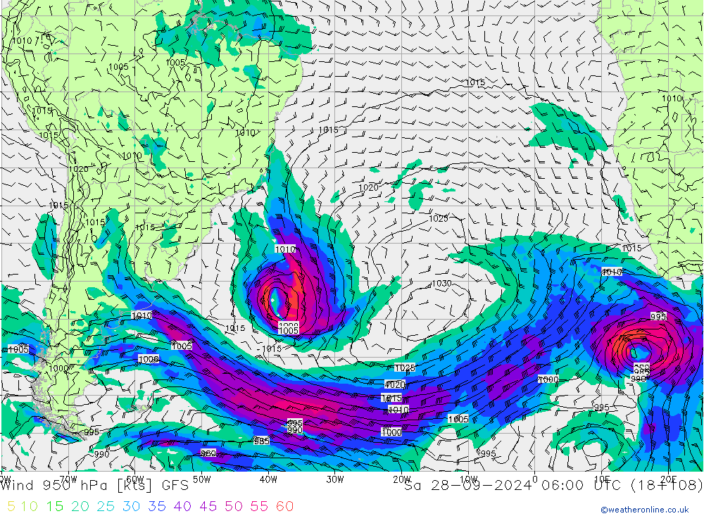 wiatr 950 hPa GFS so. 28.09.2024 06 UTC