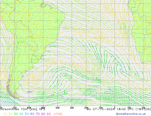 Streamlines 10m GFS Mo 07.10.2024 18 UTC