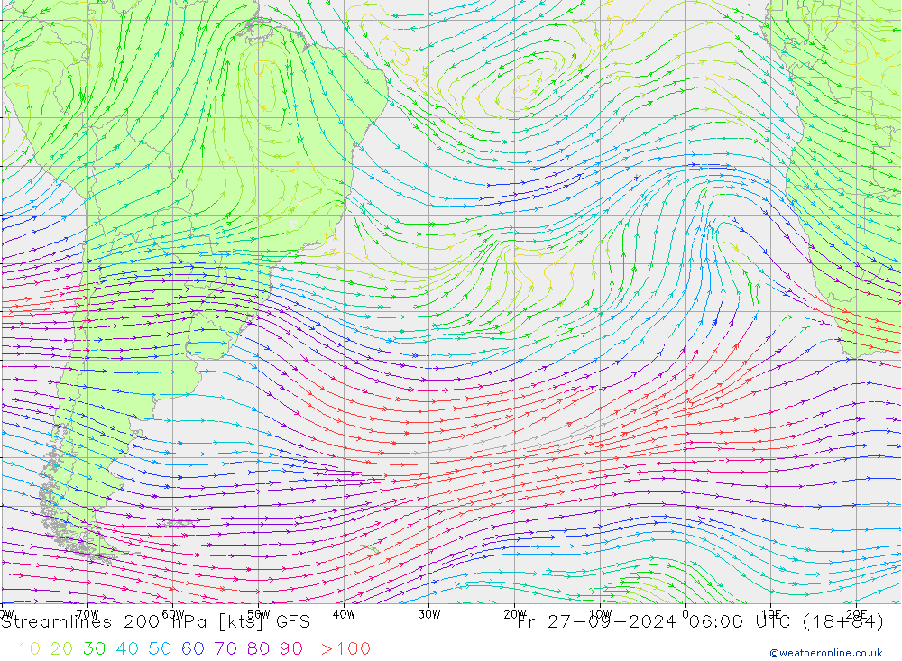 Streamlines 200 hPa GFS Pá 27.09.2024 06 UTC