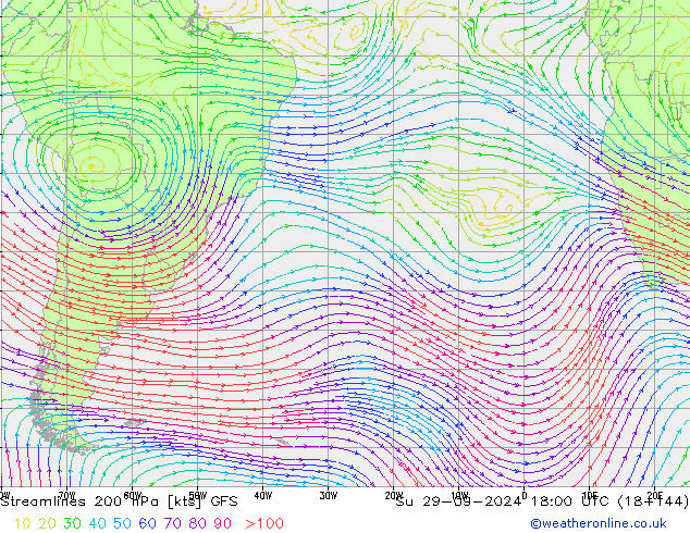 Ligne de courant 200 hPa GFS dim 29.09.2024 18 UTC