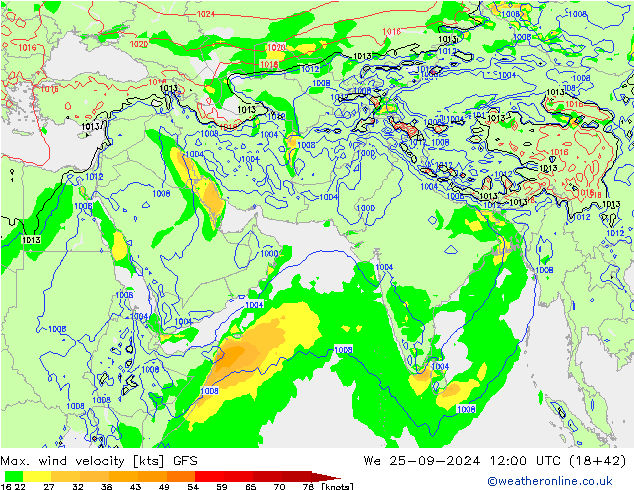 Max. wind velocity GFS We 25.09.2024 12 UTC