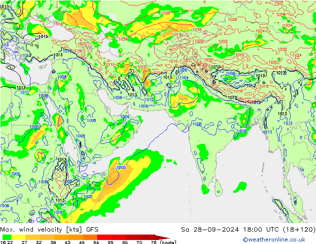 Max. wind velocity GFS sam 28.09.2024 18 UTC