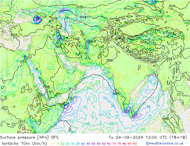 Isotachs (kph) GFS  24.09.2024 12 UTC