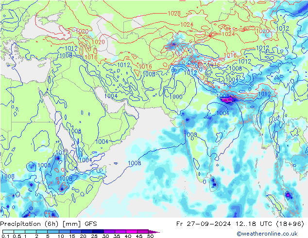 Precipitation (6h) GFS Fr 27.09.2024 18 UTC