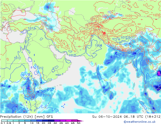 осадки (12h) GFS Вс 06.10.2024 18 UTC