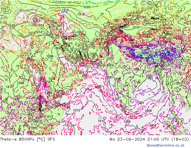 Theta-e 850hPa GFS Mo 23.09.2024 21 UTC