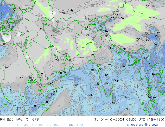 RH 850 hPa GFS Tu 01.10.2024 06 UTC