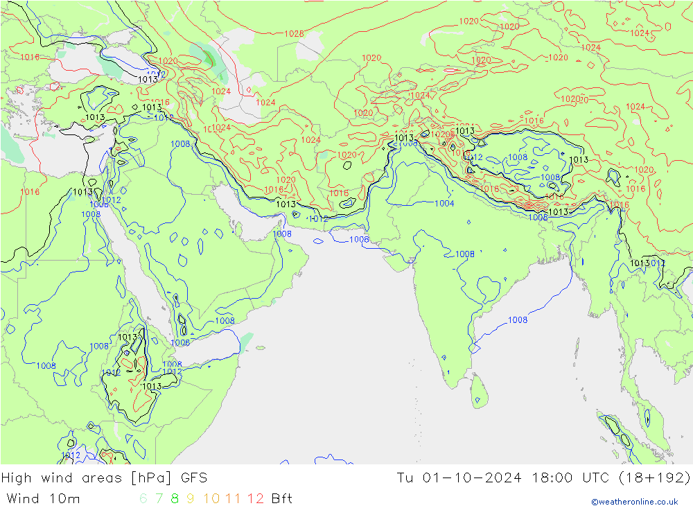 High wind areas GFS  01.10.2024 18 UTC