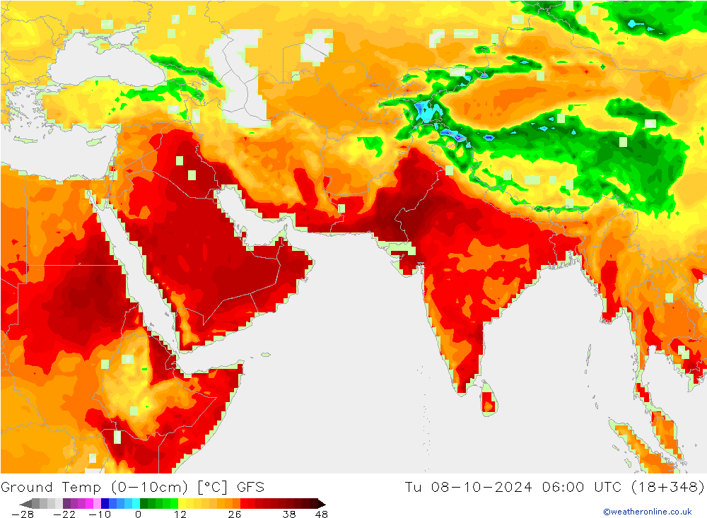 Ground Temp (0-10cm) GFS Tu 08.10.2024 06 UTC