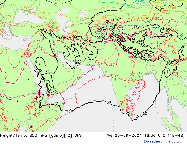 Height/Temp. 850 hPa GFS St 25.09.2024 18 UTC