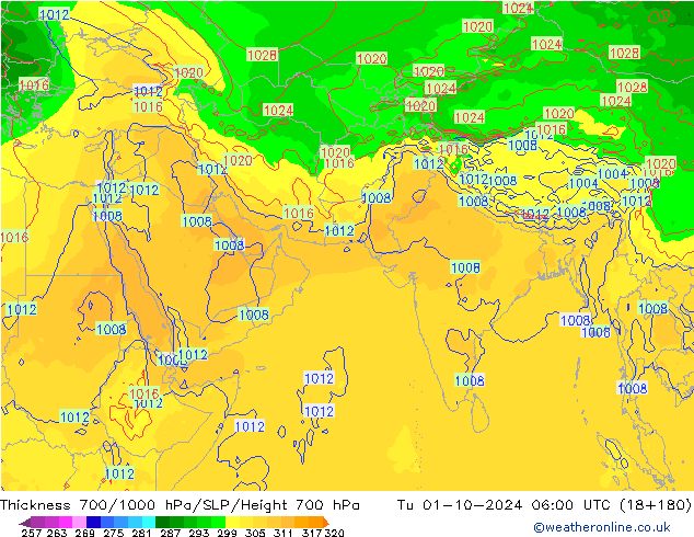 Thck 700-1000 hPa GFS mar 01.10.2024 06 UTC
