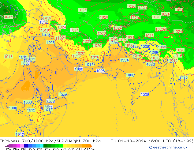Thck 700-1000 hPa GFS wto. 01.10.2024 18 UTC