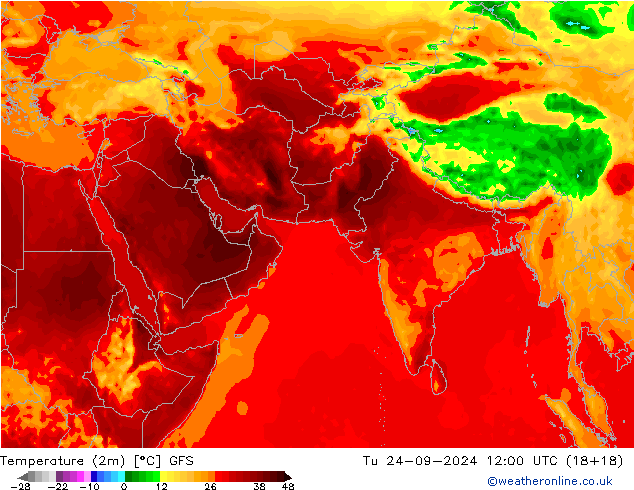 température (2m) GFS mar 24.09.2024 12 UTC