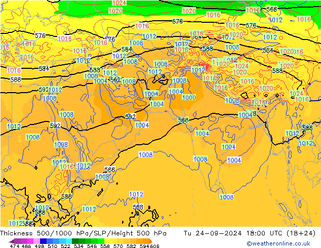 500-1000 hPa Kalınlığı GFS Sa 24.09.2024 18 UTC