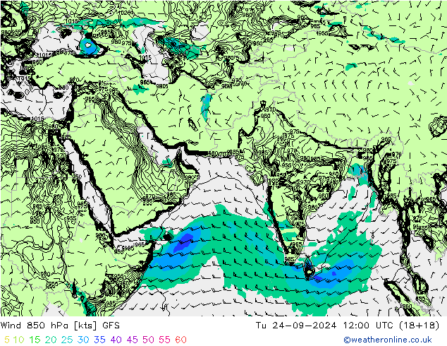 Wind 850 hPa GFS Tu 24.09.2024 12 UTC