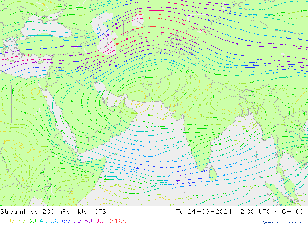 Streamlines 200 hPa GFS Tu 24.09.2024 12 UTC