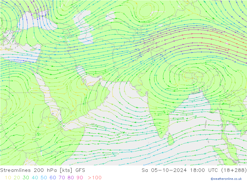 Linea di flusso 200 hPa GFS sab 05.10.2024 18 UTC